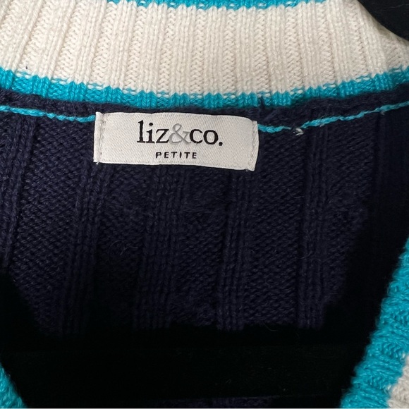 liz & co. Navy V-Neck Sweater with Teal and White Accents Preppy - Picture 4 of 6